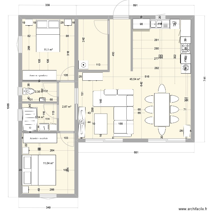 N°2. Plan de 6 pièces et 76 m2