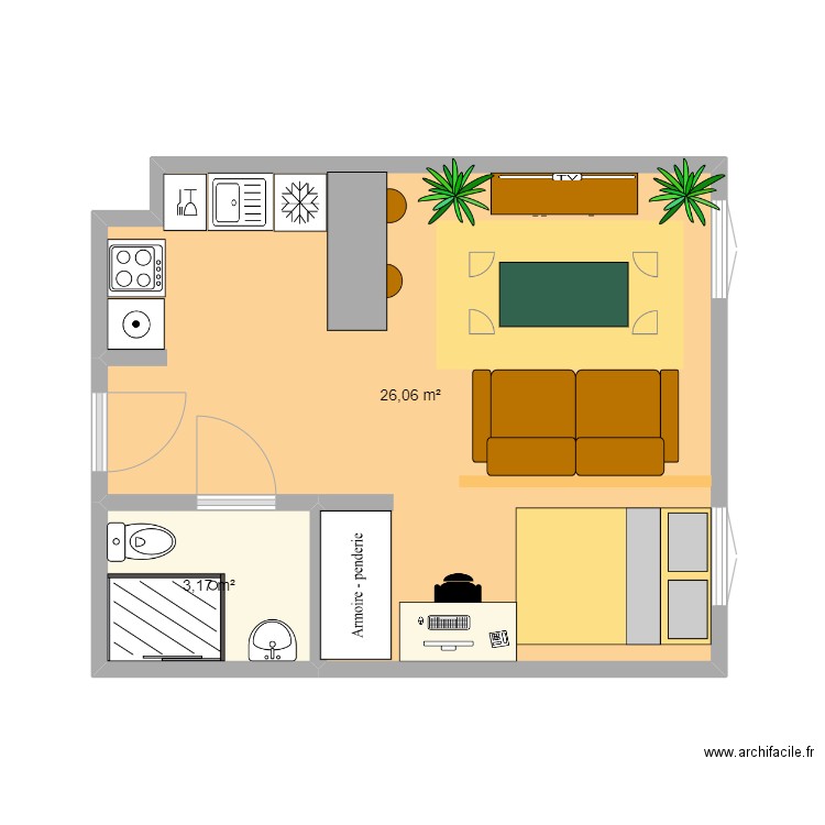 plan appartement V2. Plan de 2 pièces et 29 m2