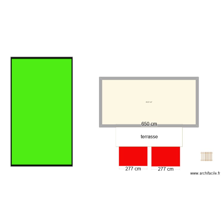 terrasse. Plan de 1 pièce et 40 m2