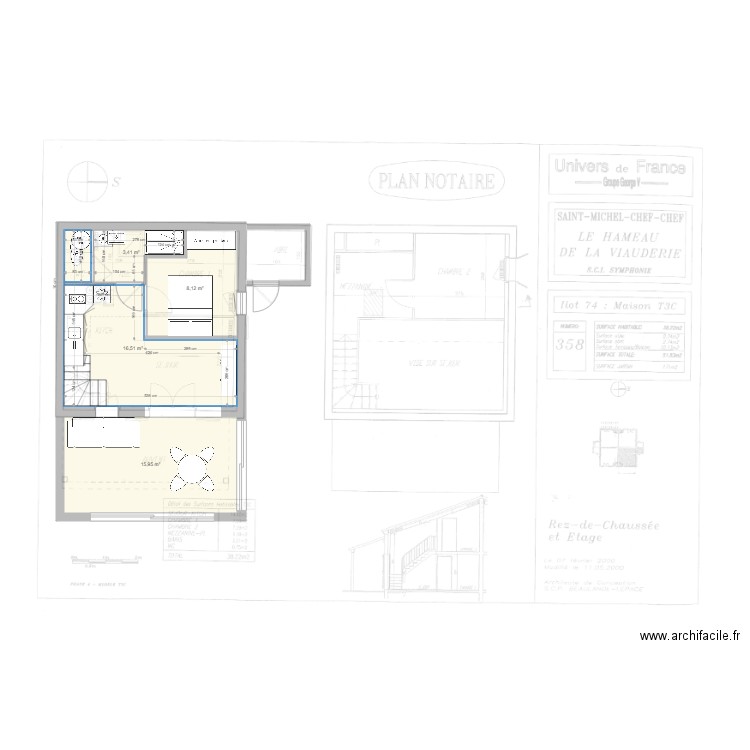 Viauderie. Plan de 4 pièces et 44 m2