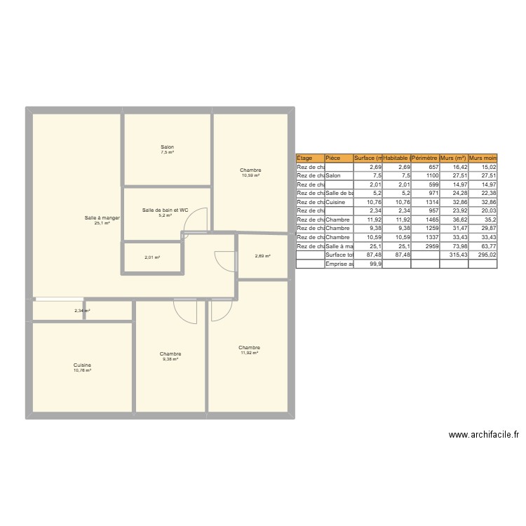 bureau 2. Plan de 10 pièces et 87 m2