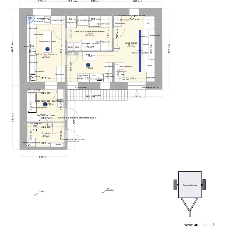 Labo traiteur. Plan de 6 pièces et 128 m2