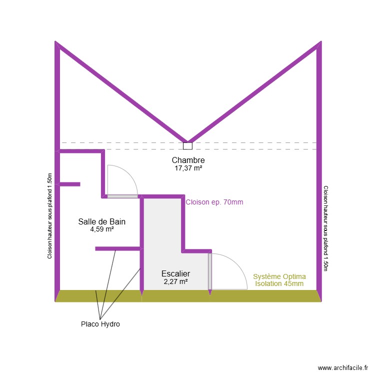 Plan définitif - Placo - Etage - Maison 60 Saint Louis. Plan de 3 pièces et 24 m2