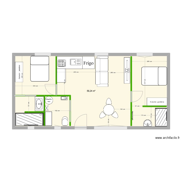  T2 60m². Plan de 1 pièce et 58 m2