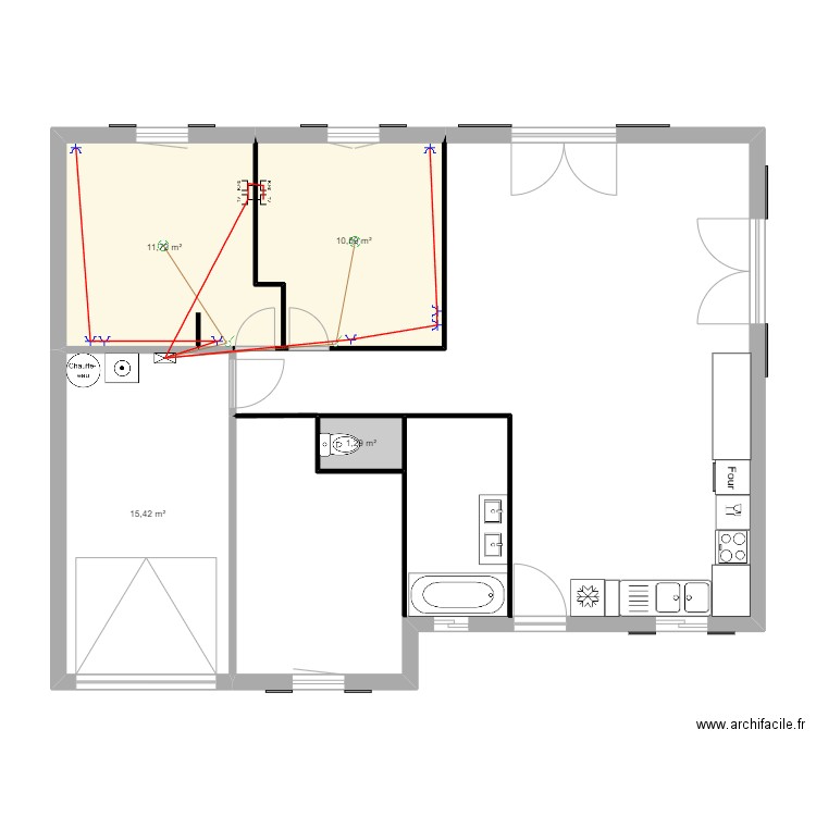 chambres. Plan de 4 pièces et 39 m2