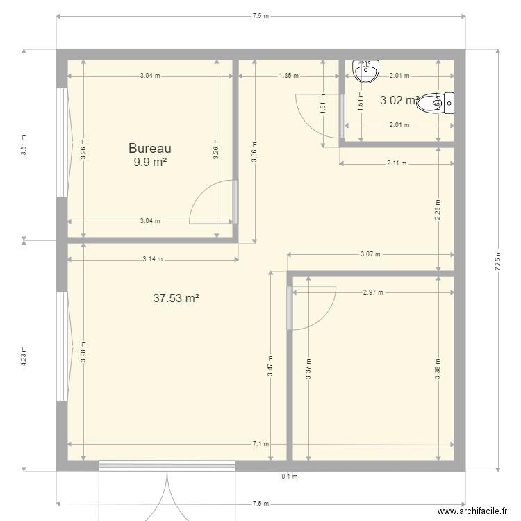 Bureau C6. Plan de 3 pièces et 50 m2