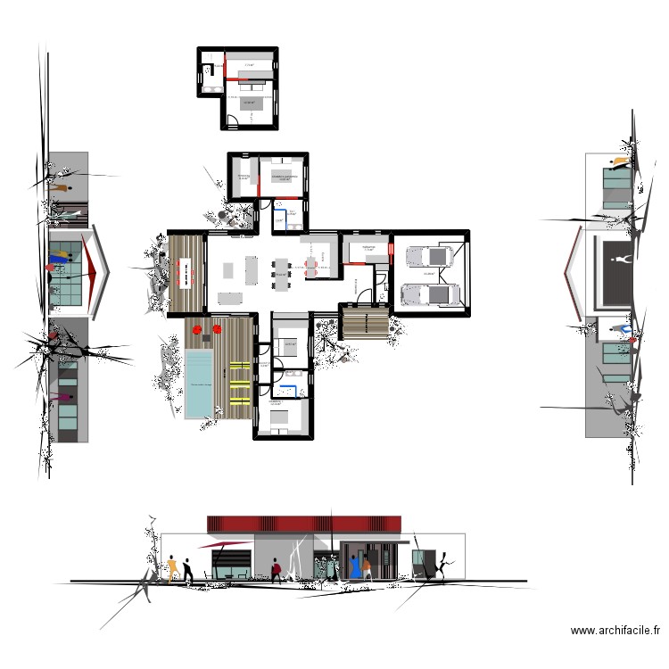 maison en forme de croix variante. Plan de 29 pièces et 368 m2