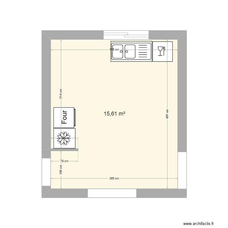 cuisine. Plan de 1 pièce et 16 m2