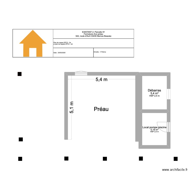 Dépendance piscine avant travaux. Plan de 2 pièces et 11 m2