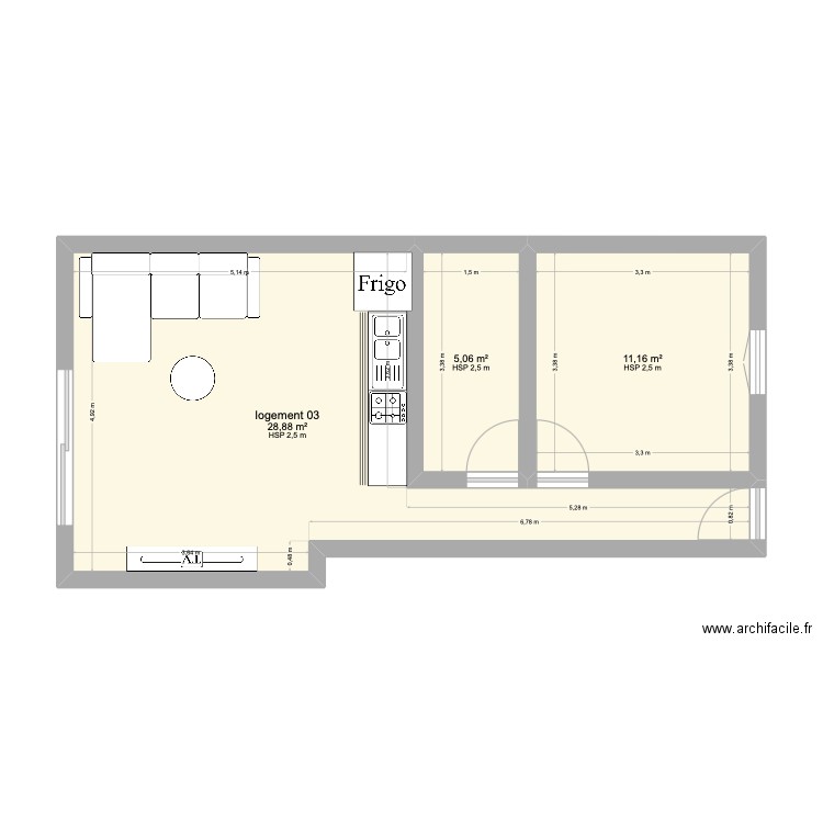 logement 2. Plan de 3 pièces et 45 m2