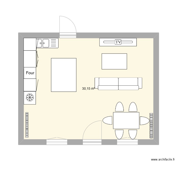 piéce de jour. Plan de 1 pièce et 30 m2