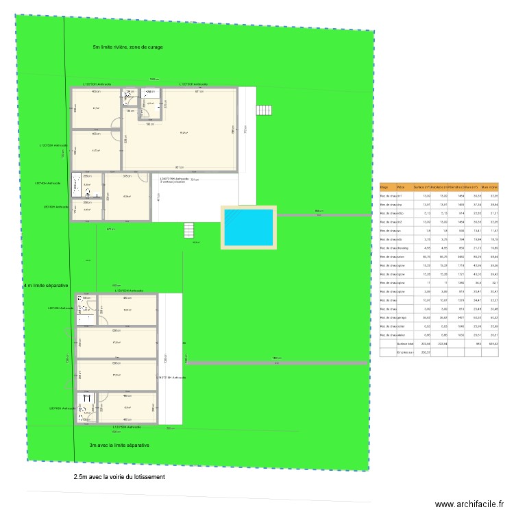 Maison principale + bangalows non meublé. Plan de 14 pièces et 185 m2