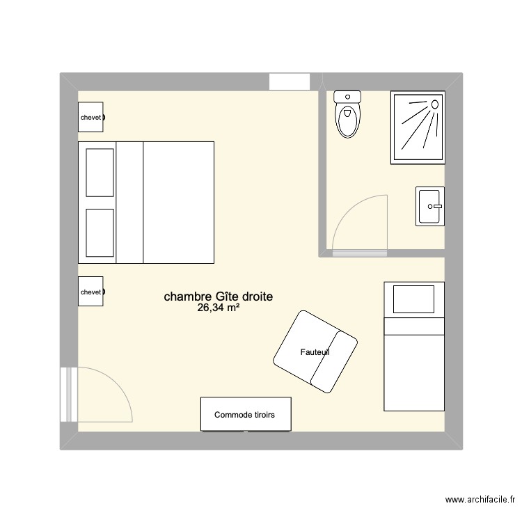 chambre gîte à droite. Plan de 1 pièce et 26 m2