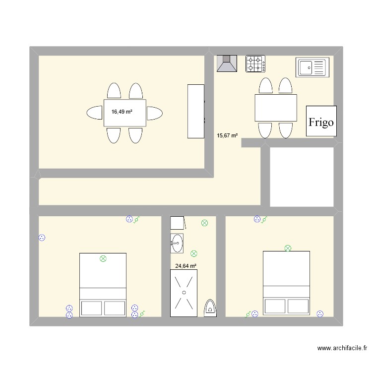 dudu. Plan de 3 pièces et 57 m2