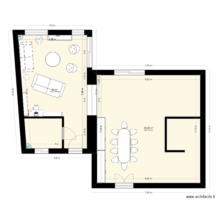 Extension. Plan de 2 pièces et 81 m2