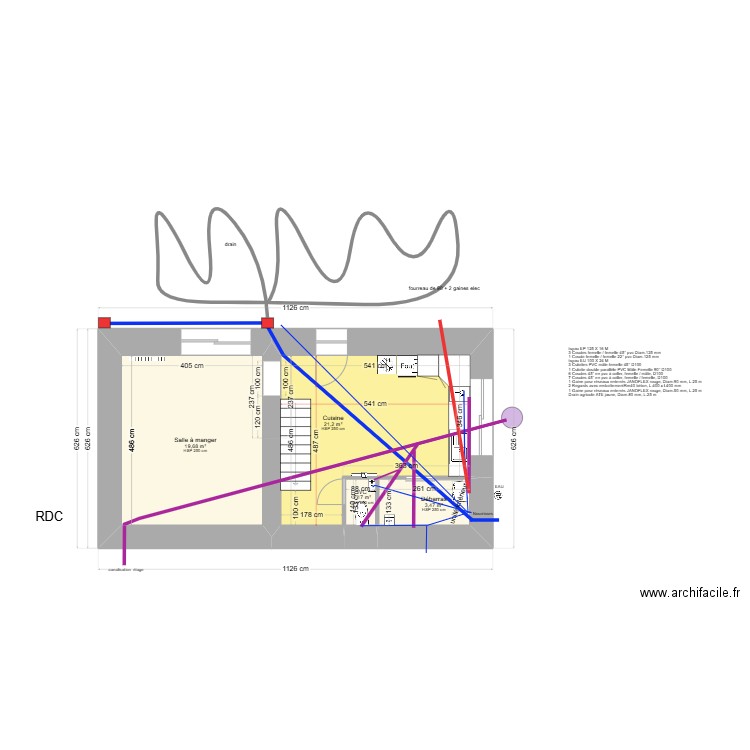 canalisation. Plan de 4 pièces et 46 m2