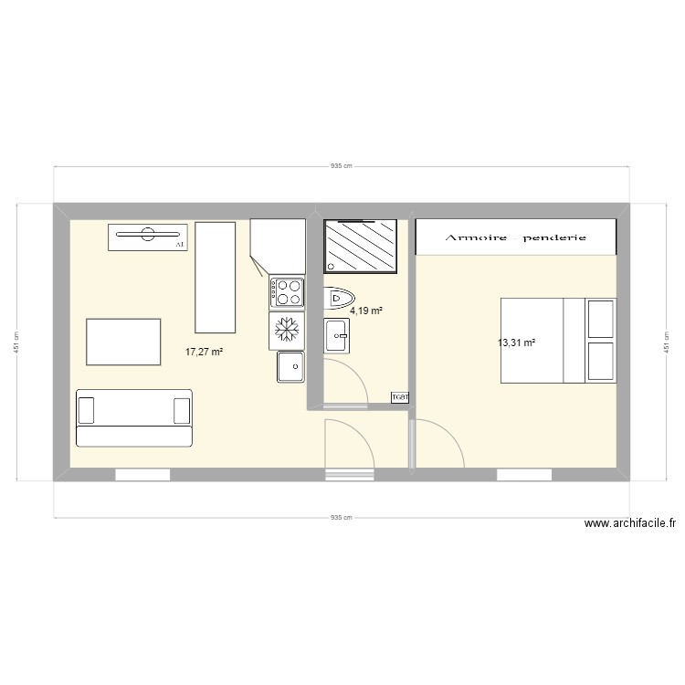 dépendance Domont2. Plan de 3 pièces et 35 m2