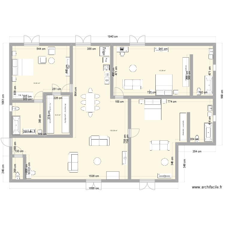 senegal. Plan de 4 pièces et 212 m2