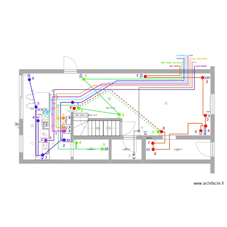 Rez - Cuisine - SaM -  Elecricité. Plan de 4 pièces et 73 m2