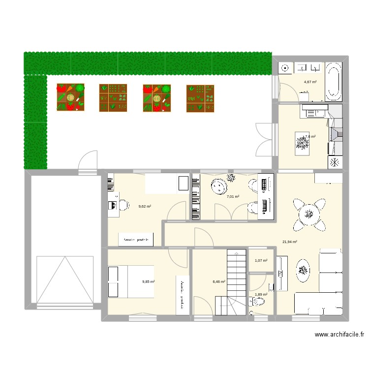 Appartement ville rez de jardin. Plan de 9 pièces et 70 m2