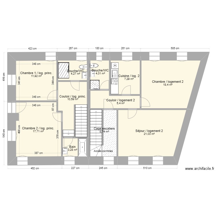 Premier (surfaces). Plan de 11 pièces et 113 m2