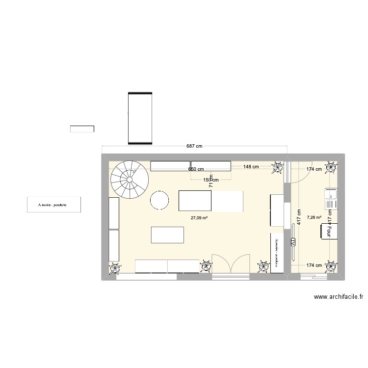 boulangerie. Plan de 2 pièces et 34 m2