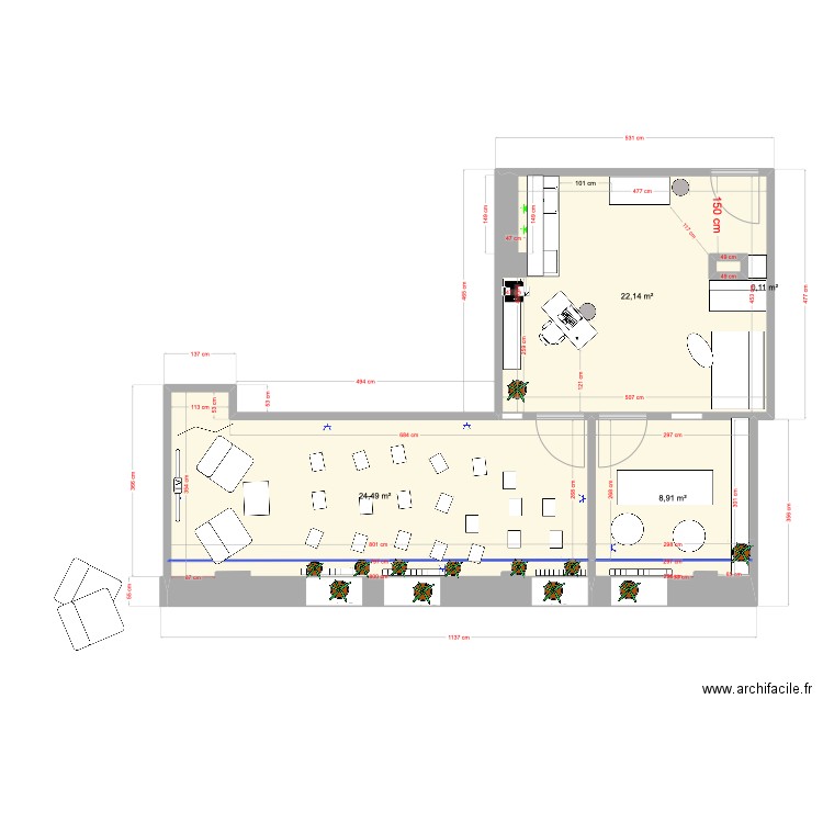 Fibromelles amenagement. Plan de 4 pièces et 56 m2