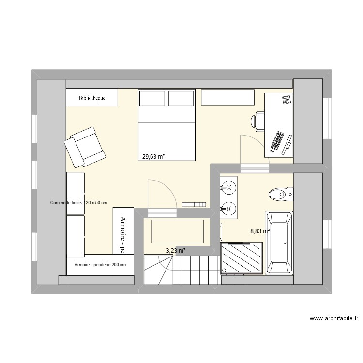 Chambre haut v2. Plan de 3 pièces et 42 m2