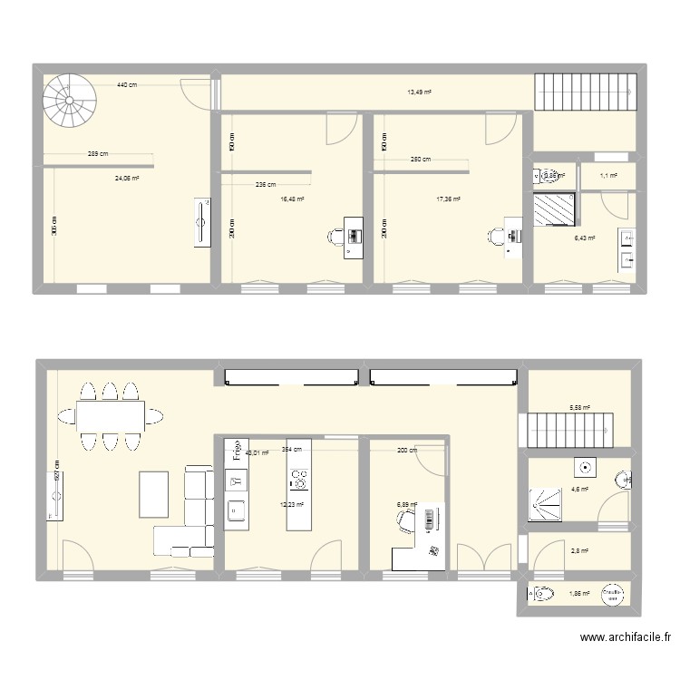 RDC. Plan de 14 pièces et 157 m2