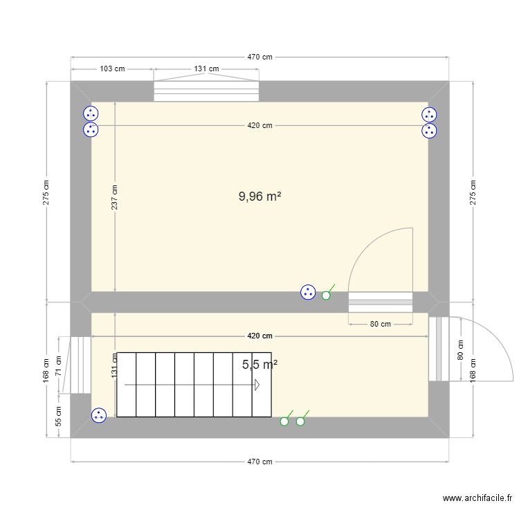 petite chambre +couloir. Plan de 2 pièces et 15 m2