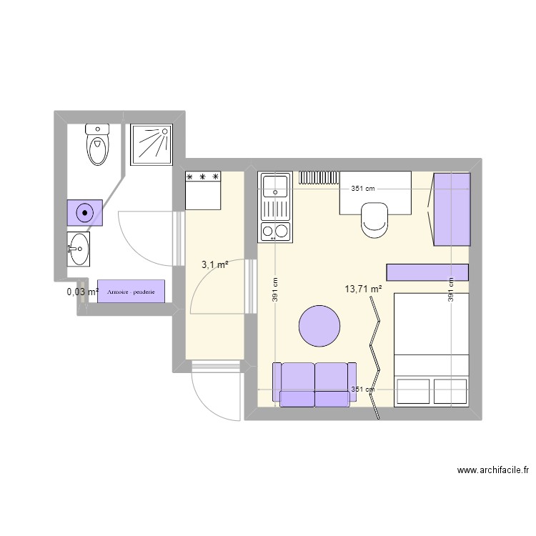 nais. Plan de 3 pièces et 17 m2