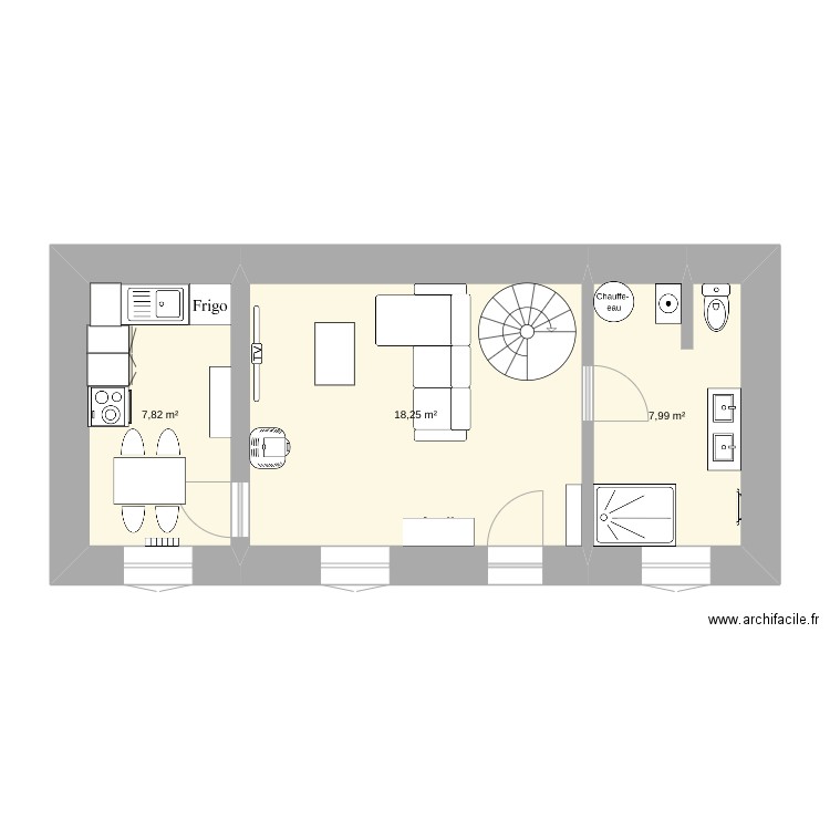 maison bas. Plan de 3 pièces et 34 m2