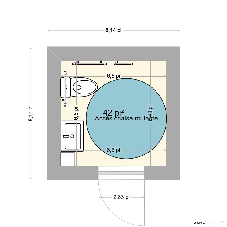 Salle de bain test andicapé. Plan de 1 pièce et 4 m2