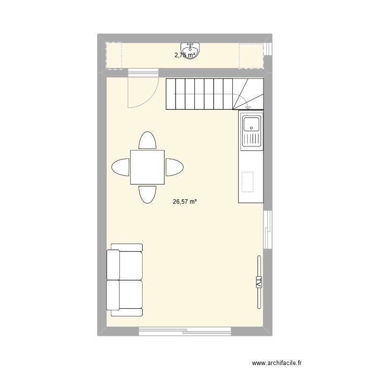 rez de chaussez. Plan de 2 pièces et 29 m2