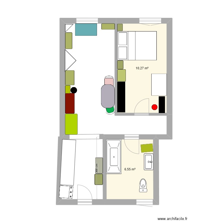 bain aux plantes. Plan de 2 pièces et 17 m2