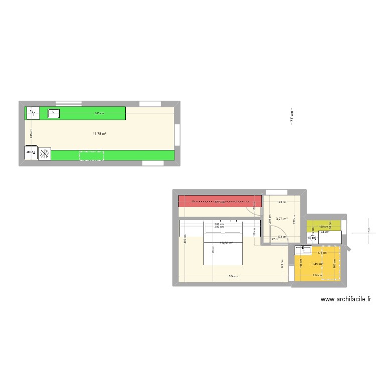 Boni 2. Plan de 5 pièces et 43 m2