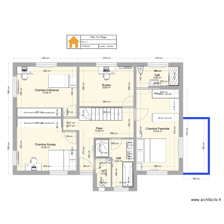 P1-Etage1-v1. Plan de 8 pièces et 74 m2