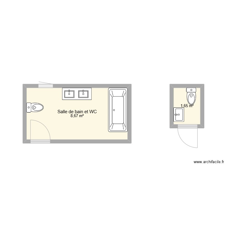 SDB. Plan de 2 pièces et 10 m2