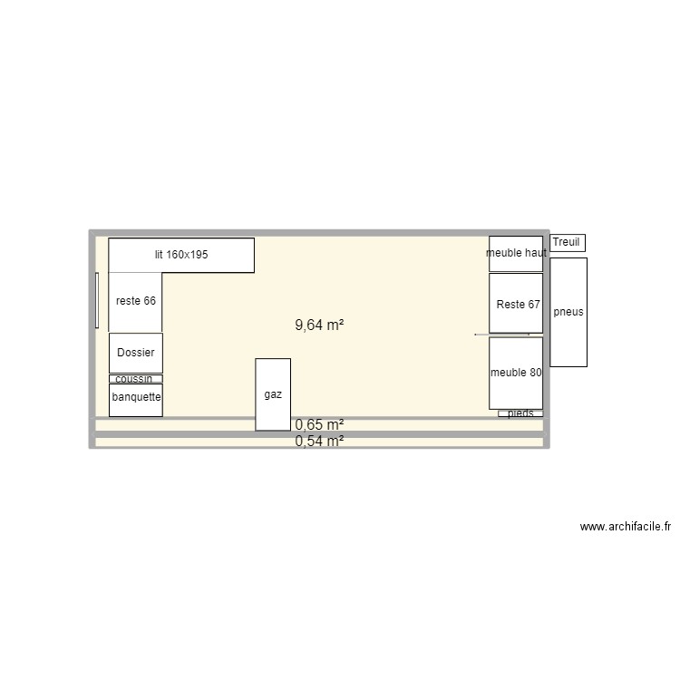 Cellule vue de coté. Plan de 3 pièces et 11 m2