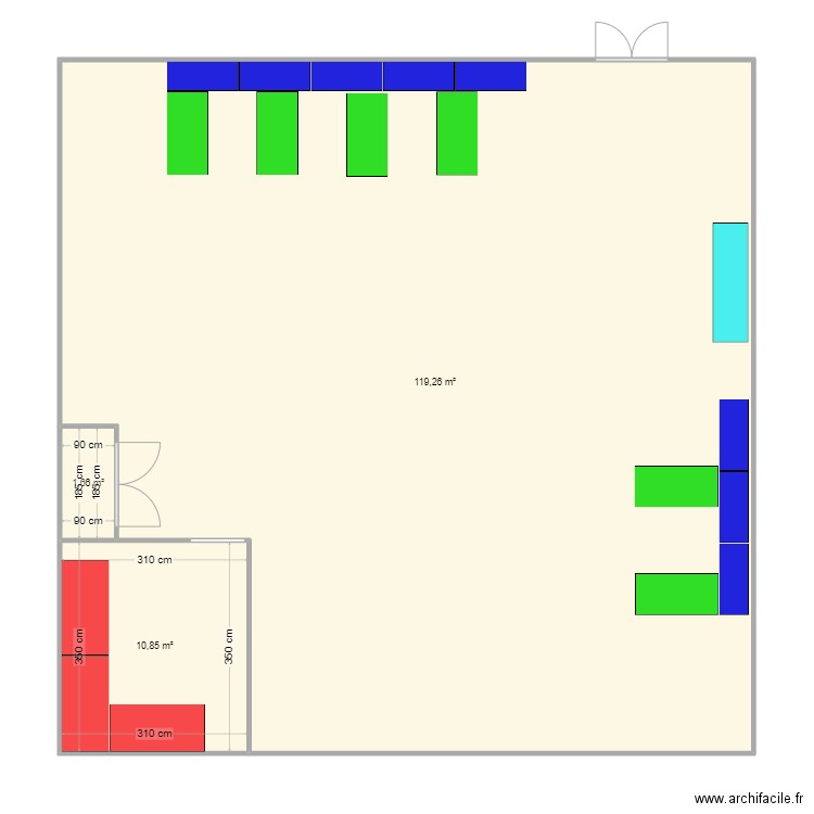 Salle Packs. Plan de 3 pièces et 132 m2