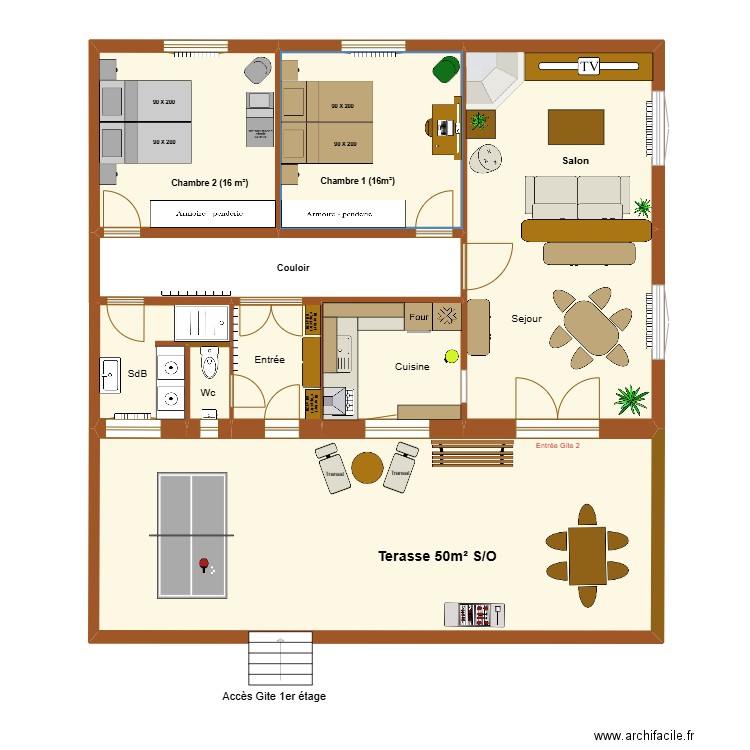 Gîte 100m² 6 couchages adultes et 4 enfants (- de 6 ans). Plan de 8 pièces et 129 m2