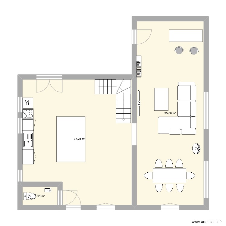 RDC. Plan de 3 pièces et 75 m2