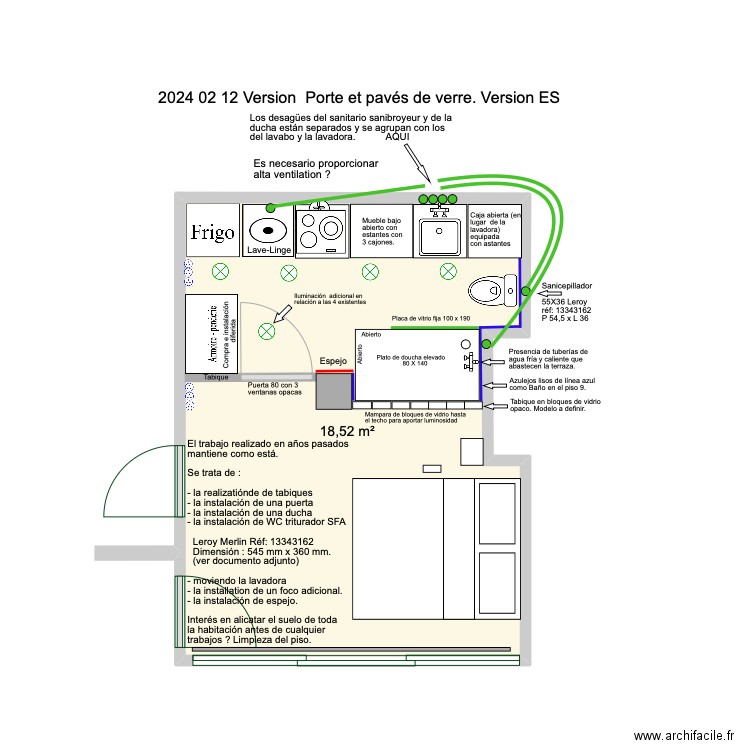 2024 02 12 avec porte et bloc de verre Version ES. Plan de 1 pièce et 19 m2