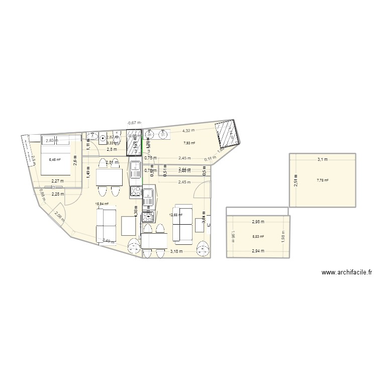 pla1. Plan de 8 pièces et 61 m2