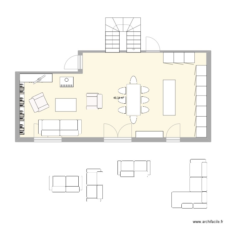 piece_de_vie01. Plan de 1 pièce et 48 m2