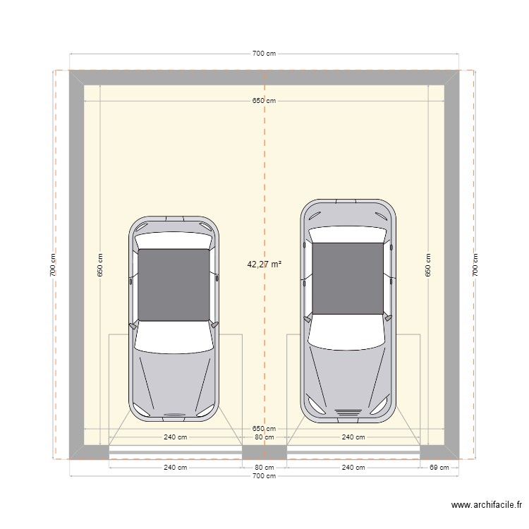 Garage 2 voitures 2 pans. Plan de 1 pièce et 42 m2