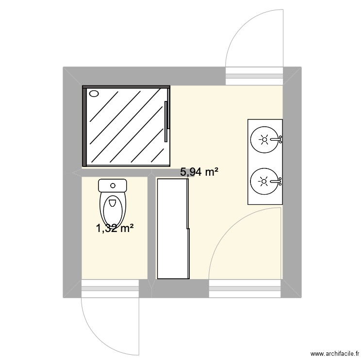 Salle de bain. Plan de 2 pièces et 7 m2