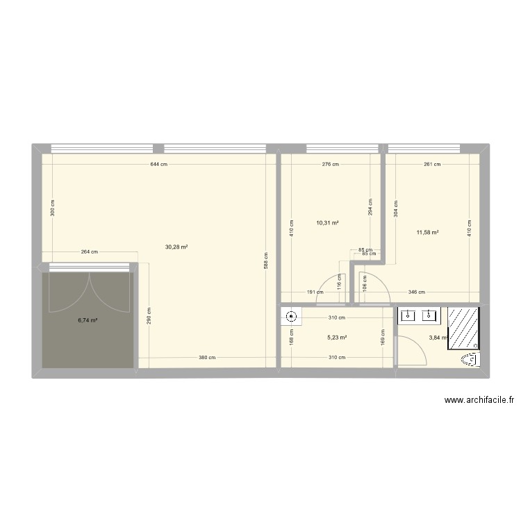 Usine Scionzier Petit T3- essai1. Plan de 6 pièces et 68 m2