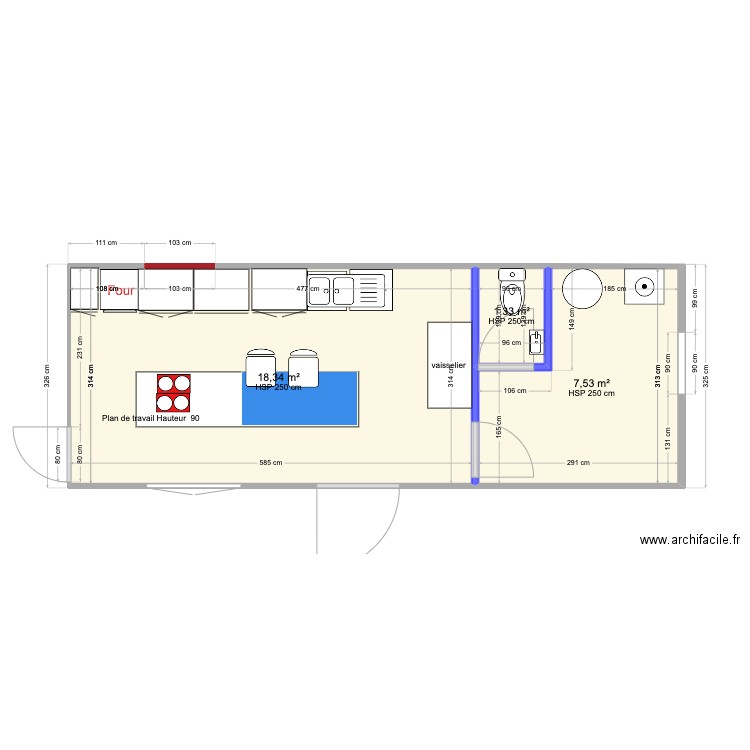 Cuisine 29.07.28. Plan de 3 pièces et 27 m2