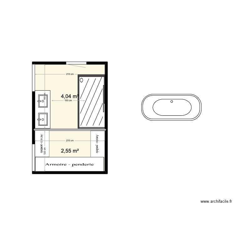 sdb. Plan de 2 pièces et 7 m2